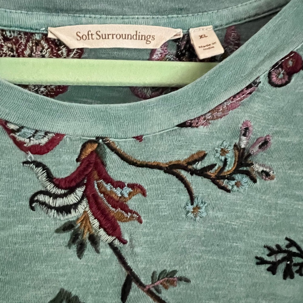 Soft Surroundings Teal Green Embroidered Short Sleeve Cotton Tee